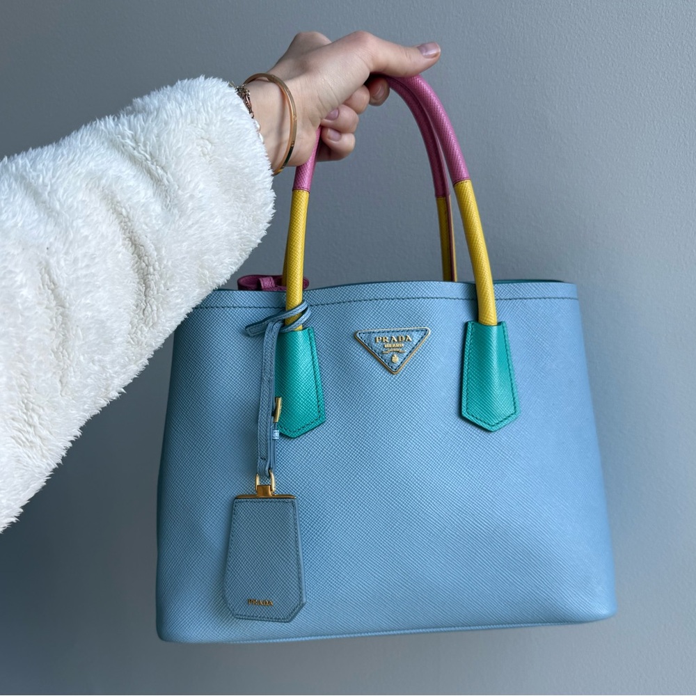 Prada Galleria Saffiano Leather Bag in Light Blue with Colorful Handles